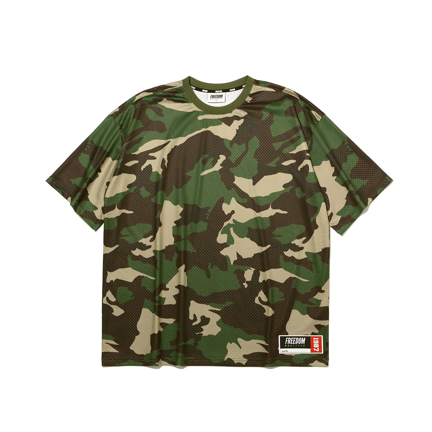 เสื้อยืดตาข่ายพิมพ์ลายด้านหลังขนาดโอเวอร์ไซส์ (ลายพรางอ่อน)