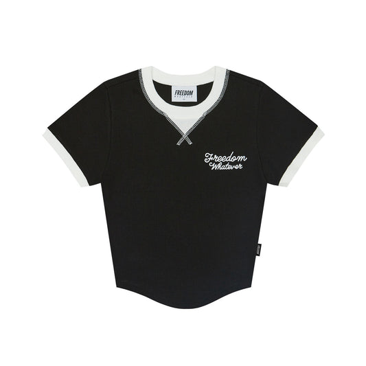 เสื้อยืดครอปหญิงลายวาฟเฟิลแต่งขอบทูโทน (สีดำ)