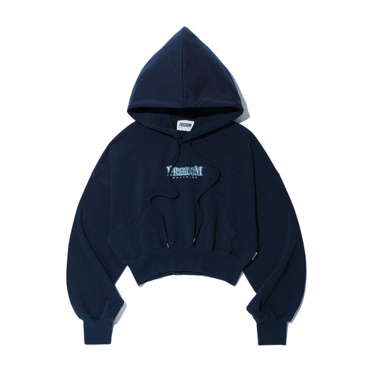เสื้อฮู้ดดี้ครอป ลายทาง โลโก้เล็ก สำหรับผู้หญิง (สีกรมท่า)