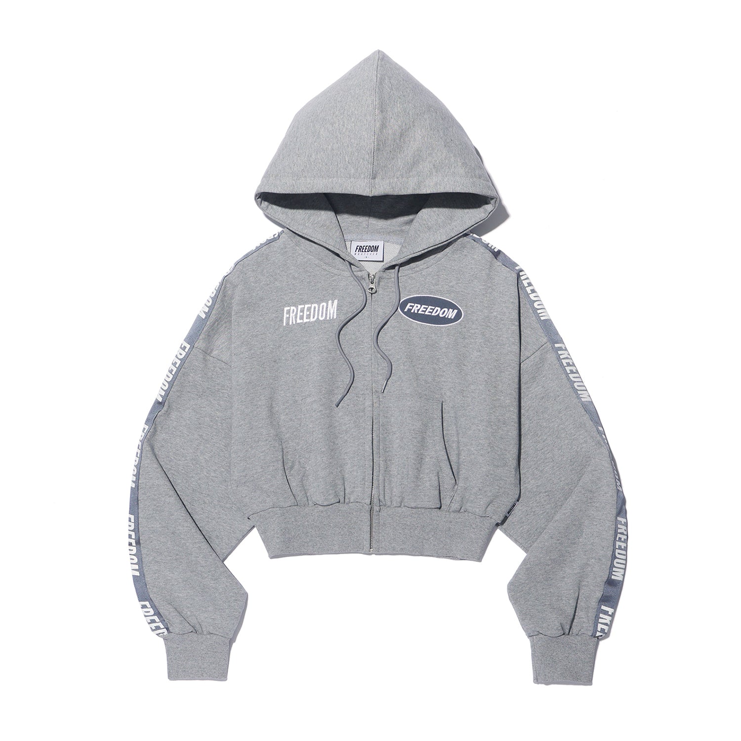 เสื้อฮู้ดดี้ครอปซิปหน้าปักอักษร Freedom สำหรับผู้หญิง (สีเทา)