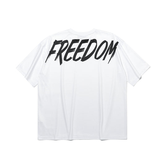 เสื้อยืดตาข่ายพิมพ์ลายด้านหลังขนาดโอเวอร์ไซส์ (สีขาว)