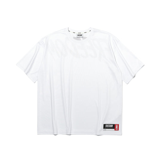 เสื้อยืดตาข่ายพิมพ์ลายด้านหลังขนาดโอเวอร์ไซส์ (สีขาว)