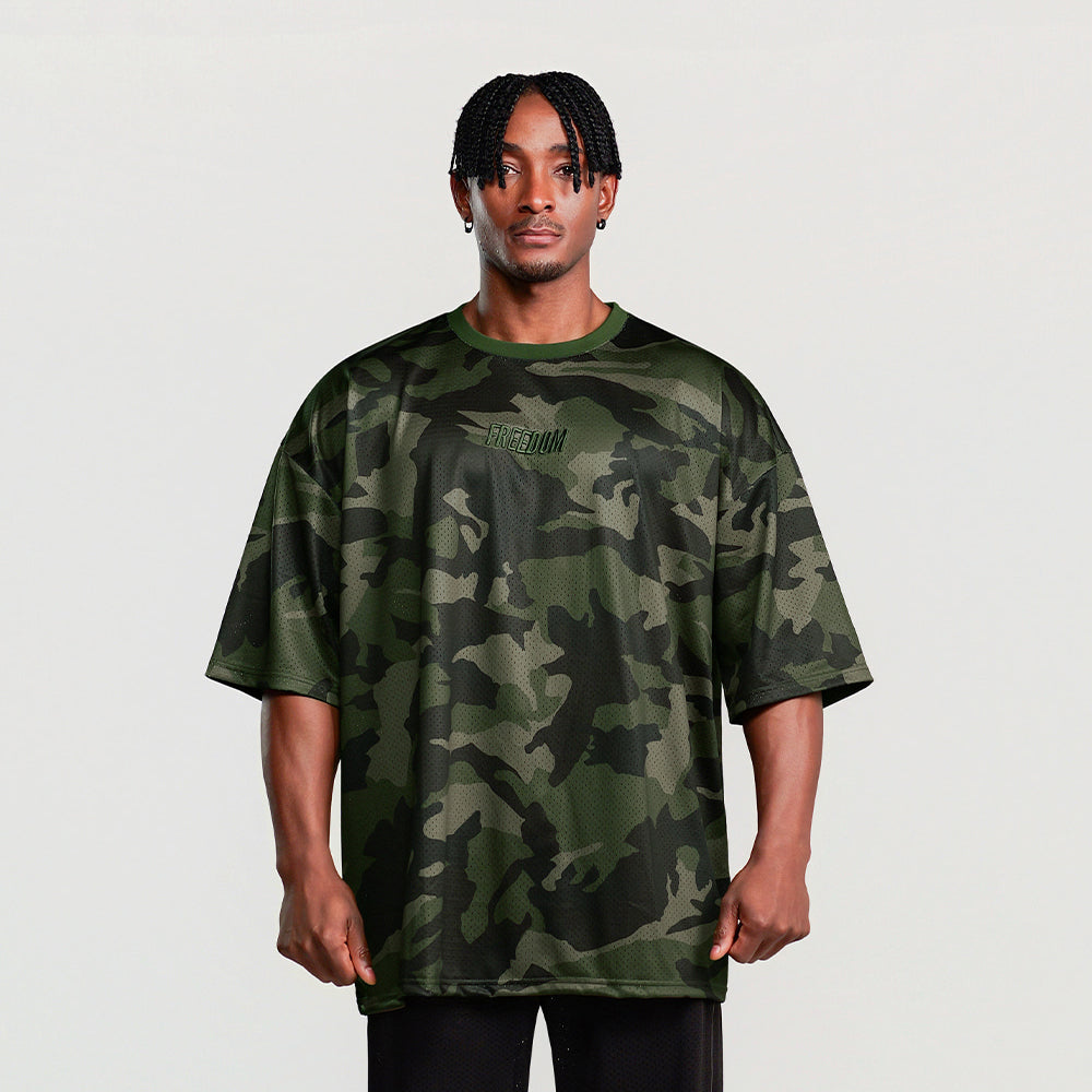 Freedom Logo Mesh Oversized T-shirt (Deep Camo) detail