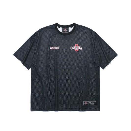 เสื้อยืดแขนสั้นผ้าตาข่ายลายโลโก้ Olympia (สีดำ)