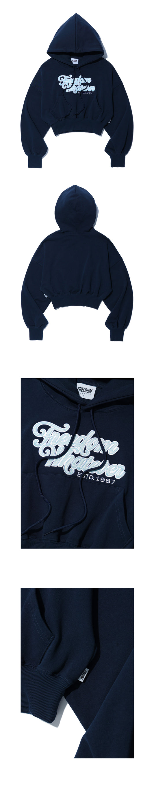 Women's Lettering Applique Crop Hoodie (Navy) — product detail