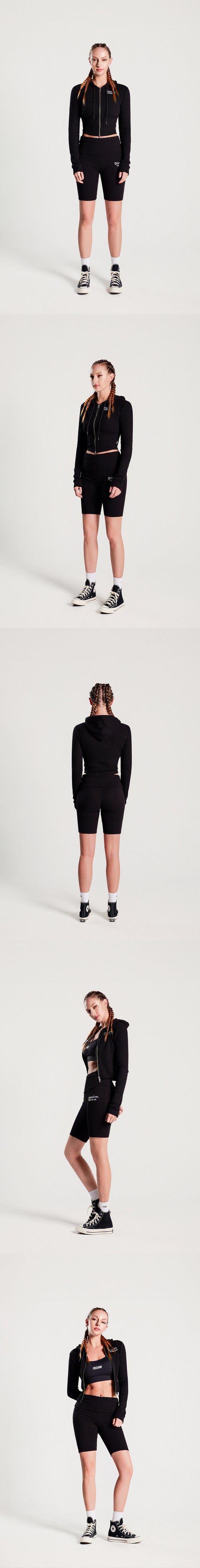 Slim Ribbed 2 Way Hoodie Zip-up (Black) — product detail