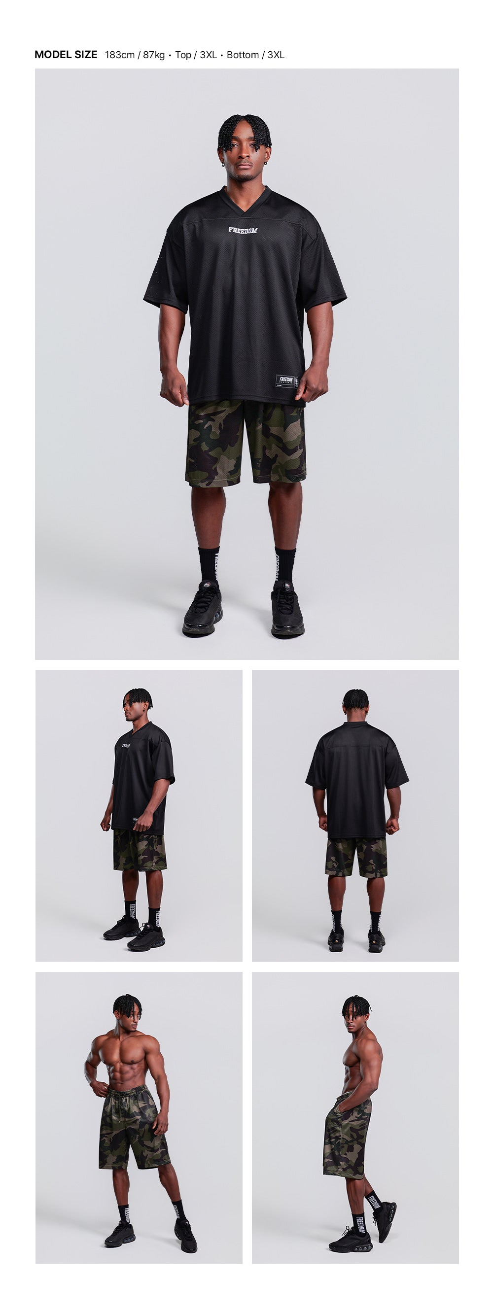 Basic Mesh Bermuda Shorts (Deep Camo) — model wearing the outfit