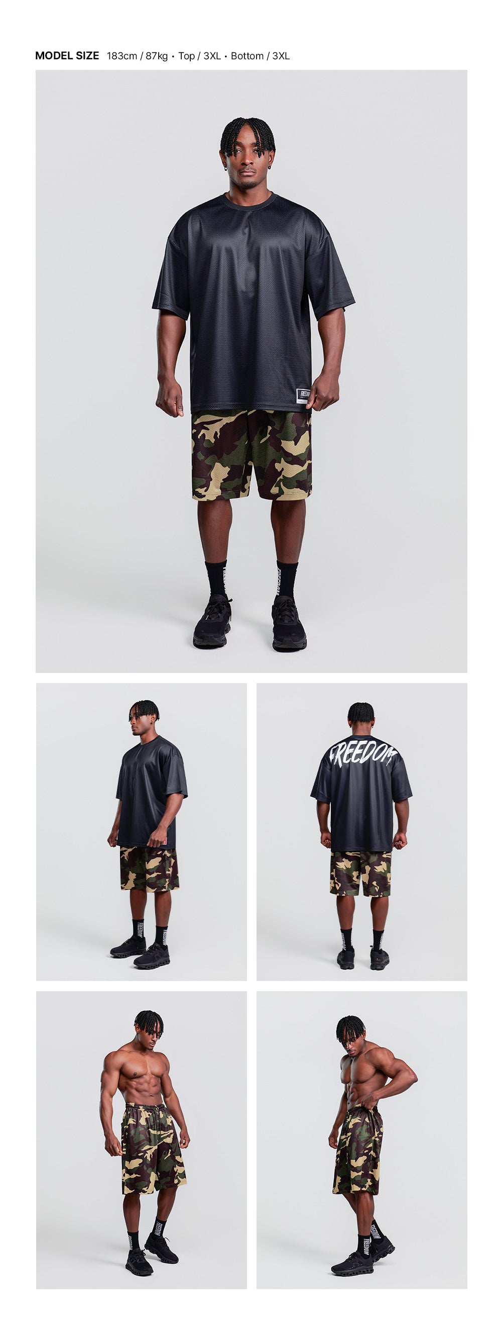 Basic Mesh Bermuda Shorts (Light Camo) — model wearing the outfit