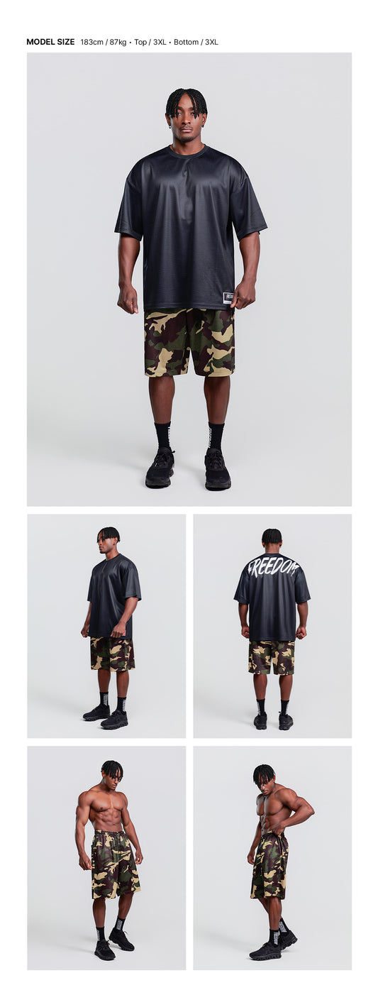 Basic Mesh Bermuda Shorts (Light Camo) — model wearing the outfit