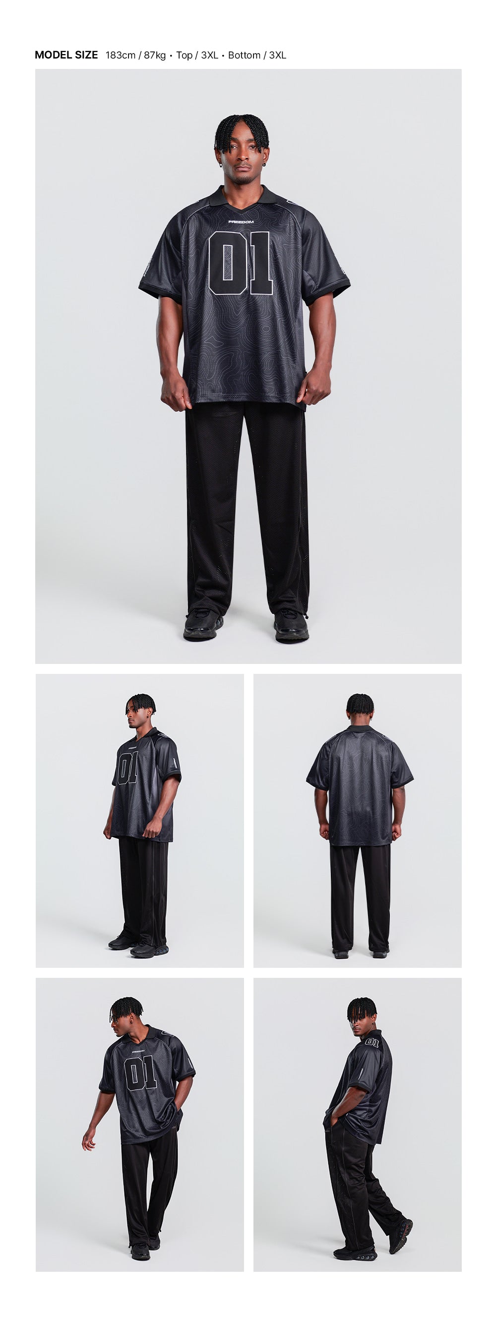 Contour Line Mesh Collar T-shirt (Black) — model wearing the outfit