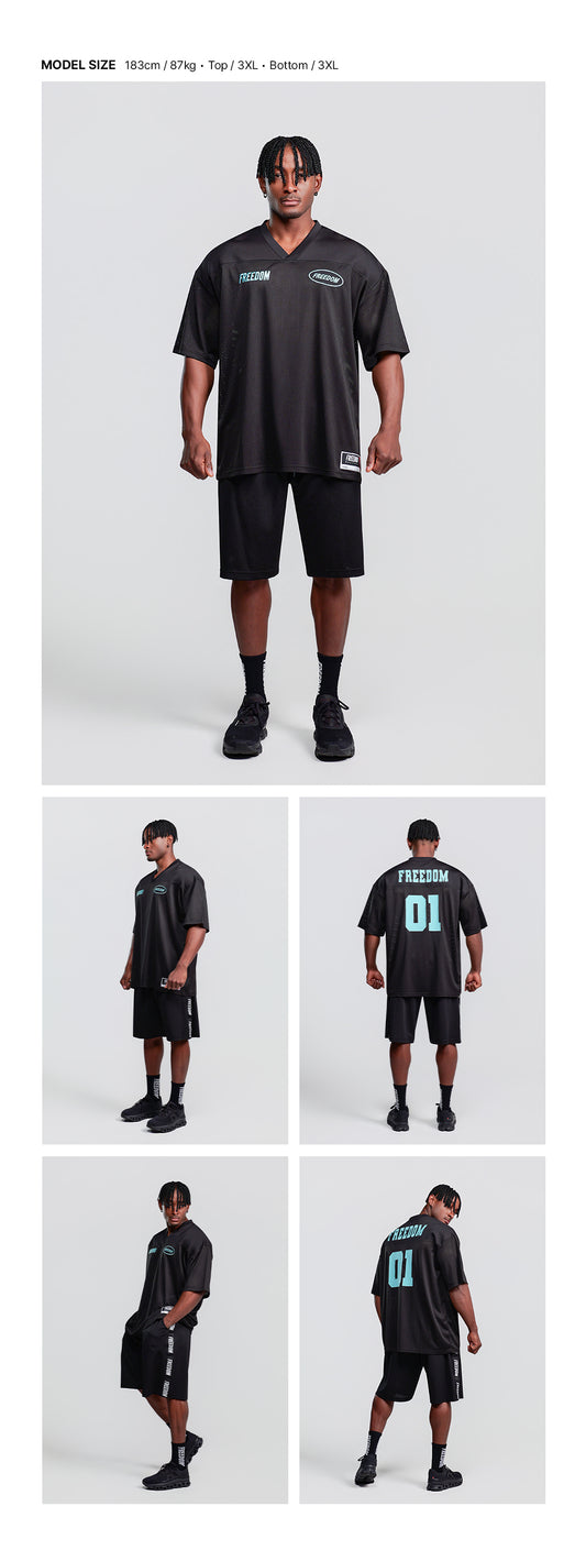 Freedom Mesh Rugby Jersey (Black/Light Teal) — model wearing the outfit