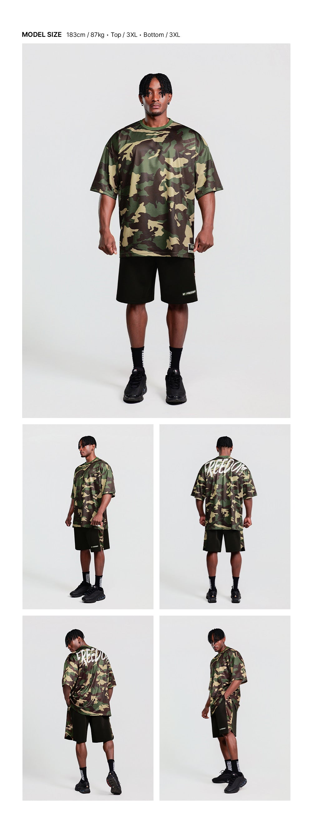 Mesh Oversized Back Print T-shirt (Light Camo) — model wearing the outfit