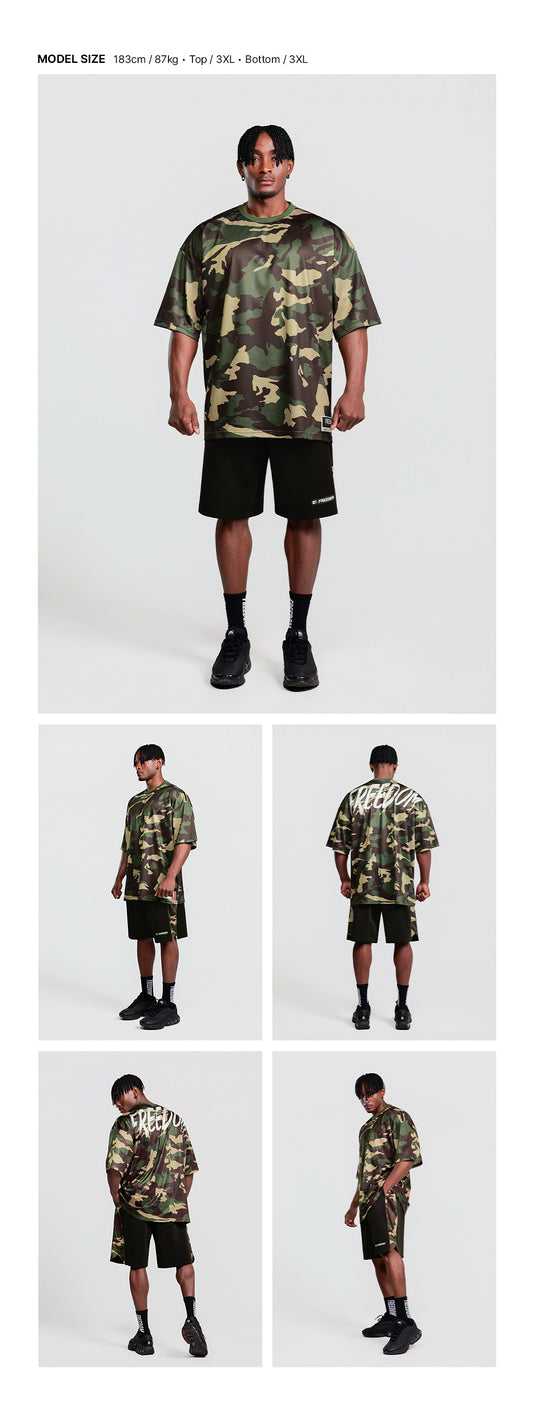 Mesh Oversized Back Print T-shirt (Light Camo) — model wearing the outfit