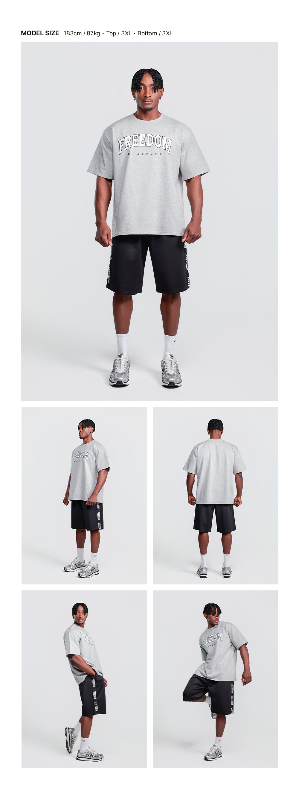Freedom Arch Logo Semi-Overfit T-shirt (Gray) — model wearing the outfit