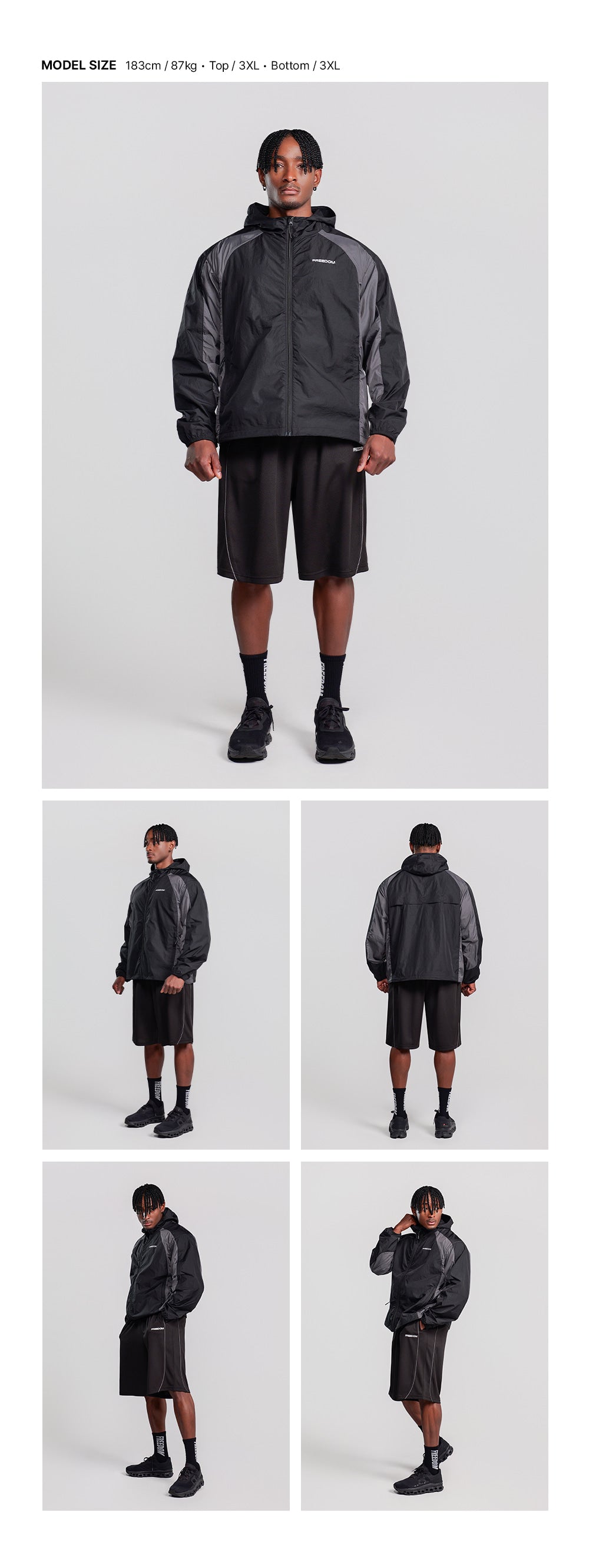 Split Light Windbreaker (Black) — model wearing the outfit