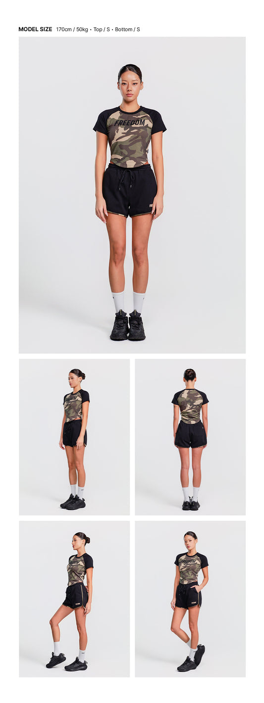 Women's Logo Yeezy Dolphin Shorts (Black Camo) — model wearing the outfit
