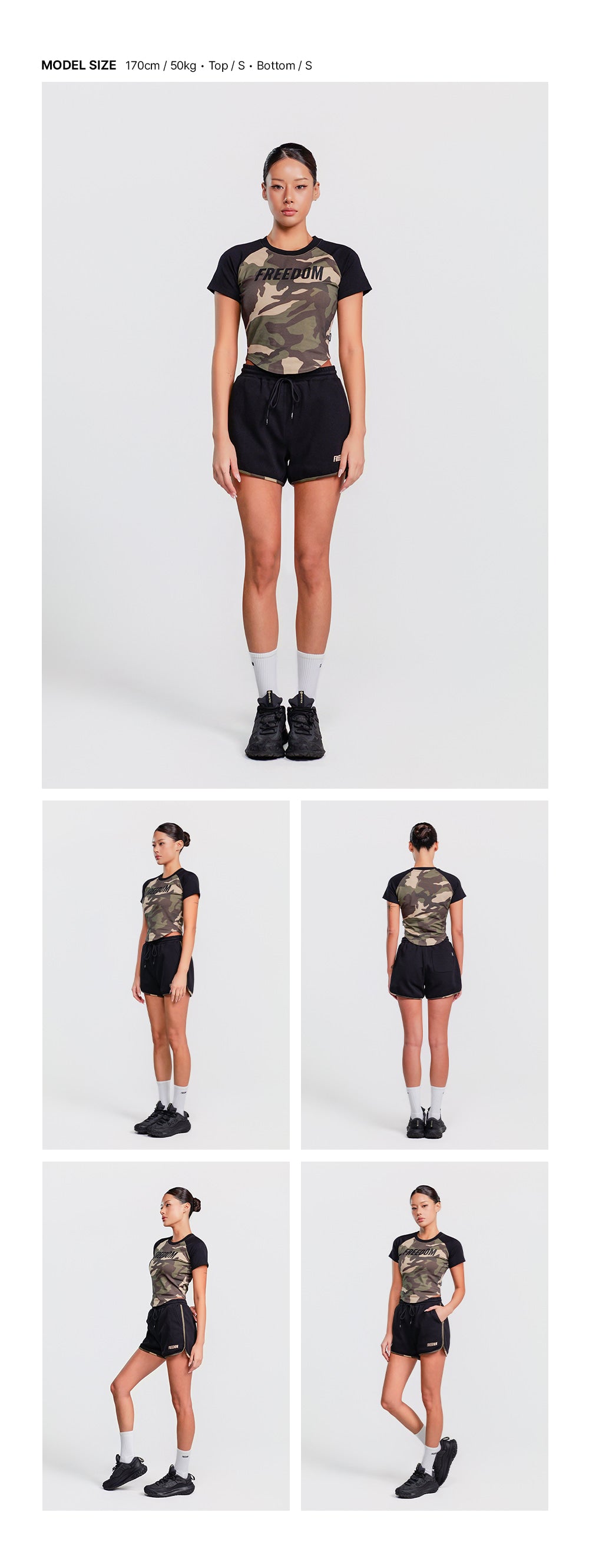 Women's Logo Raglan T-shirt (Black Camo) — model wearing the outfit