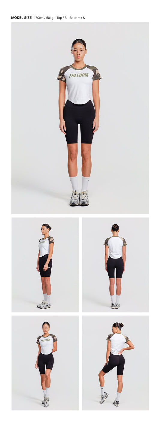 Women's Logo Raglan T-shirt (White Camo) — model wearing the outfit