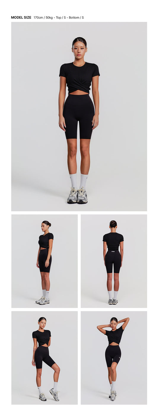 Ribbed Twist Crop Short Sleeve (Black) — model wearing the outfit