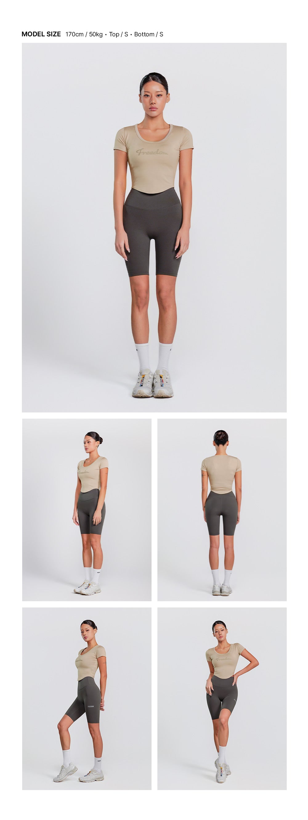 Modal U-neck Crop Short Sleeve (Sand Beige) — model wearing the outfit