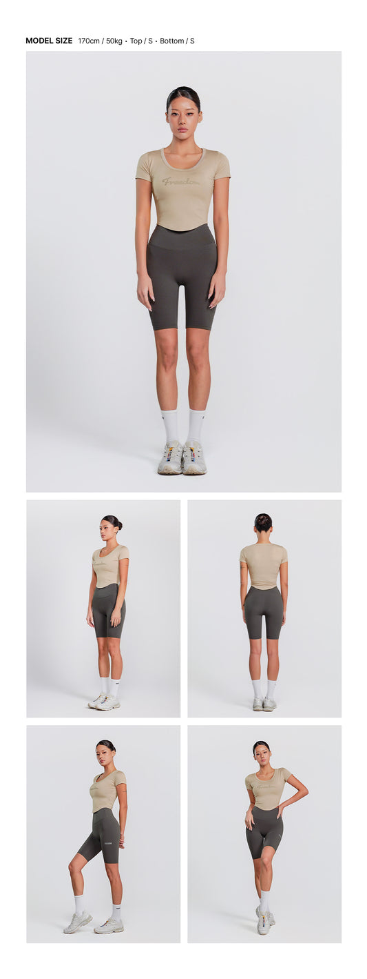 Modal U-neck Crop Short Sleeve (Sand Beige) — model wearing the outfit