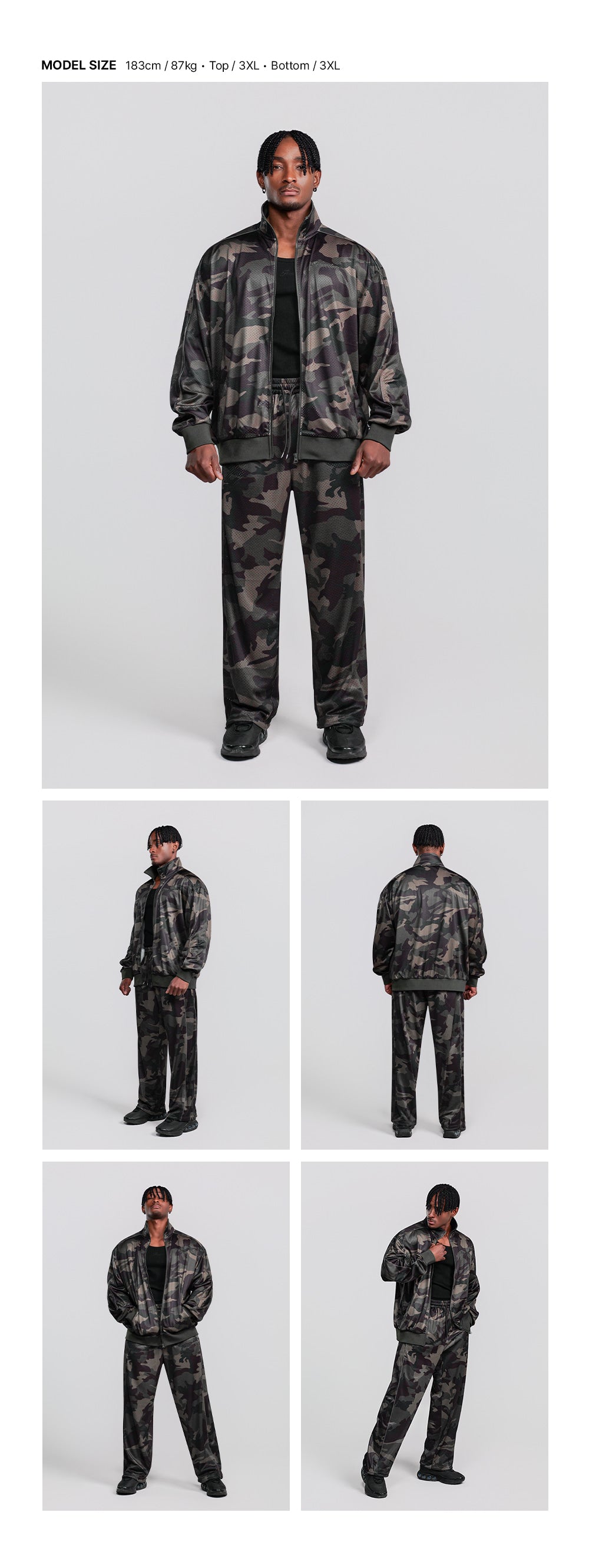 Entire Mesh Collar Jacket (Deep Camo) — model wearing the outfit