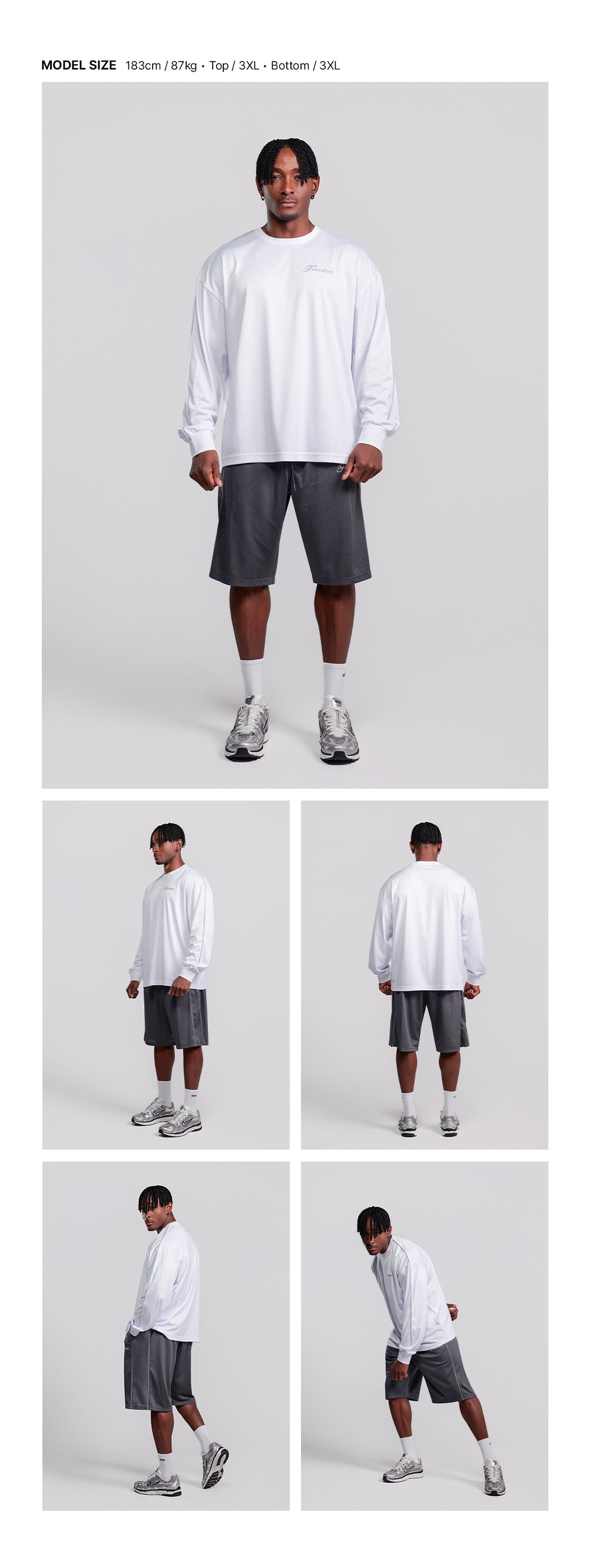 Sideline Mesh Long Sleeve (White) — model wearing the outfit