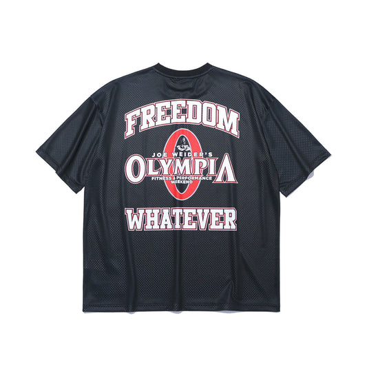 เสื้อยืดแขนสั้นผ้าตาข่ายลายโลโก้ Olympia (สีดำ)