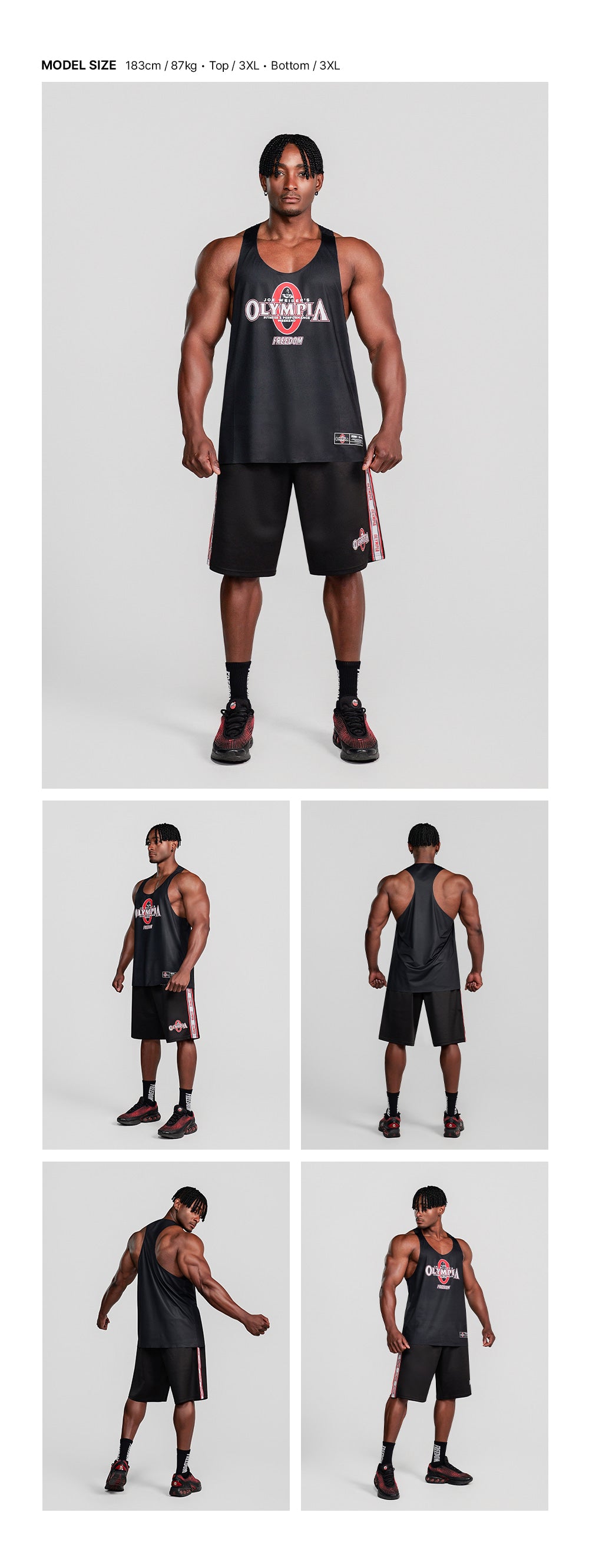 Olympia Big Logo Air Singlet (Black) — model wearing the outfit