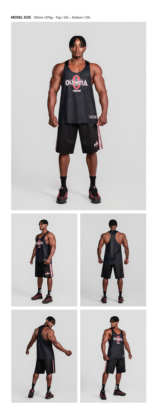 Olympia Big Logo Air Singlet (Black) — model wearing the outfit