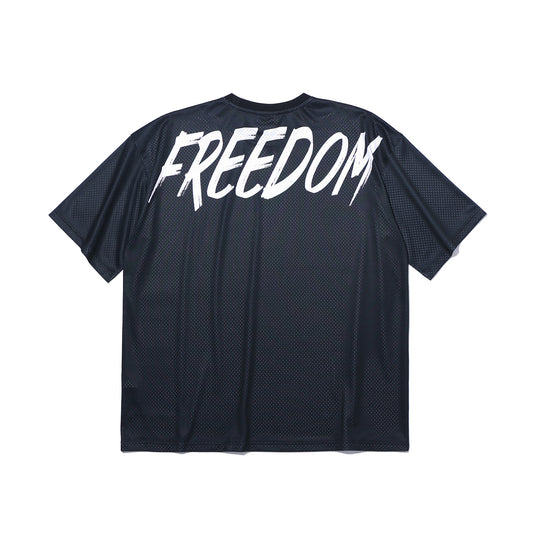 เสื้อยืดผ้าตาข่ายโอเวอร์ไซส์พิมพ์ลายด้านหลัง (สีดำ)