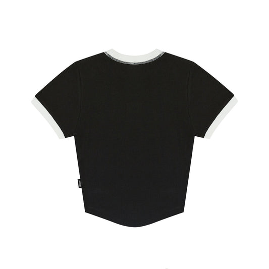 เสื้อยืดครอปหญิงลายวาฟเฟิลแต่งขอบทูโทน (สีดำ)